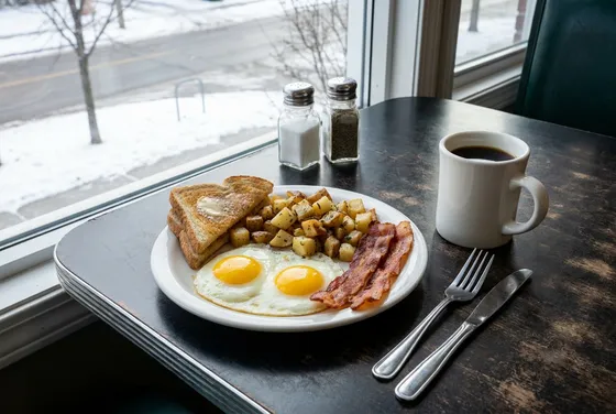 Fried eggs, potatoes, bacon and toast with black coffee