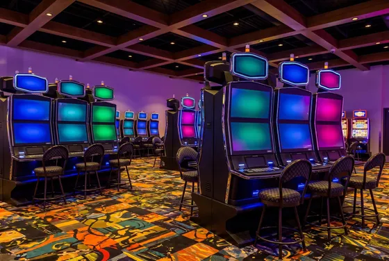 Aisle between slot machine rows at Rivers Casino